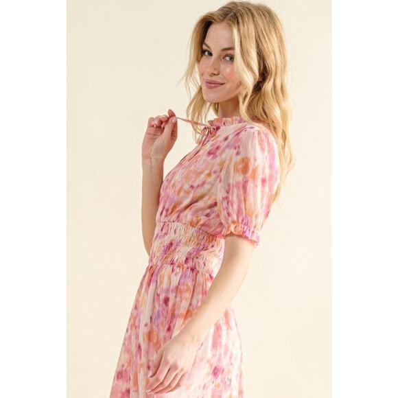 And The Why Smocked Waist Detail Printed Short Sleeves Midi Dress | Pink - Picture 5 of 6